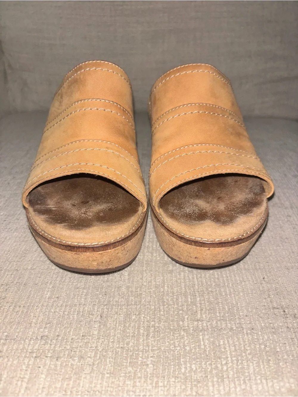 Clarks Artisan Leather Cork Wedge Slide Sandals Tan Brown 7 Neutral Shoes Boho